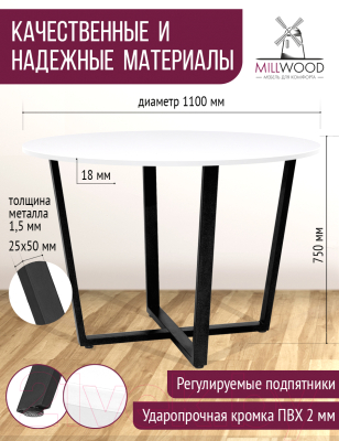 Обеденный стол Millwood Орлеан Л18 D110 (белый/металл черный)
