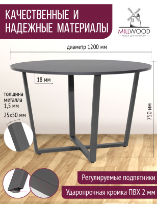 Обеденный стол Millwood Орлеан Л18 D120 (антрацит/графит)