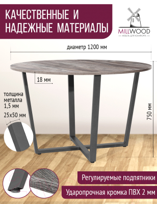 Обеденный стол Millwood Орлеан Л18 D120 (сосна пасадена/графит)