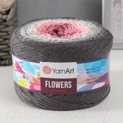 Пряжа для вязания Yarnart Flowers 55%хлопок, 45%полиакрил 279 / 9599347 (1000м, темно-серый/белый/коралловый)