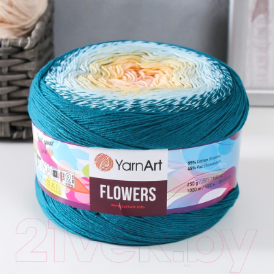 Пряжа для вязания Yarnart Flowers 55% хлопок, 45% полиакрил 270 / 9464955 (1000м, изумрудный/голубой/персиковый)