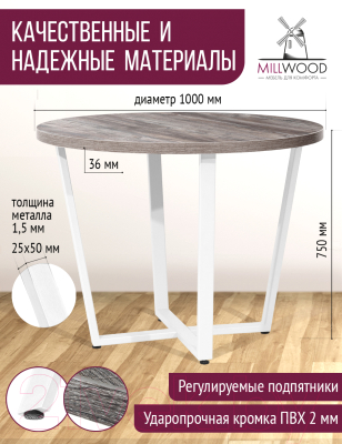 Обеденный стол Millwood Лофт Орлеан Л D100x75 (сосна пасадена/металл белый)