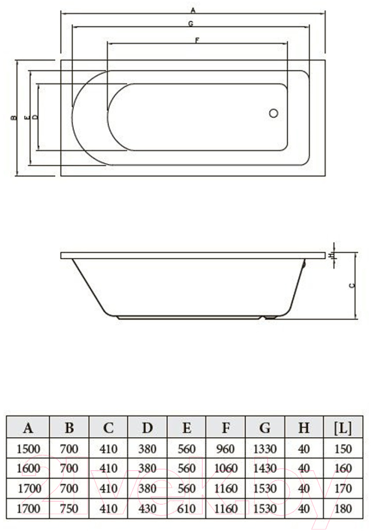 Ванна акриловая Bonito Home Elara 170x70 / BH-EL-203-170-70/St