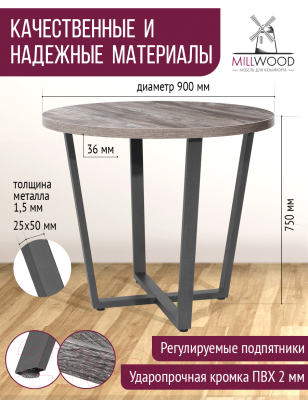 Обеденный стол Millwood Лофт Орлеан Л D90x75 (сосна пасадена/графит)