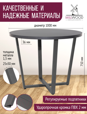 Обеденный стол Millwood Лофт Орлеан Л D100x75 (антрацит/графит)