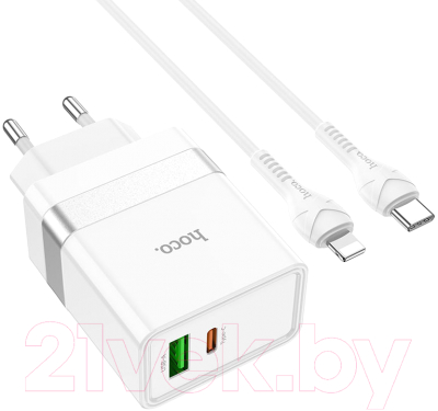 Зарядное устройство сетевое Hoco N21 Pro + кабель Type-C to Lightning (белый)
