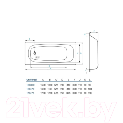 Ванна стальная Koller Pool Universal 150x70 B50HAH00E