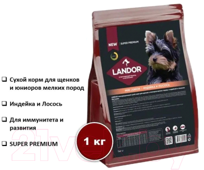 Сухой корм для собак Landor Для щенков и юниоров мелких пород c индейкой и лососем / L1006 (1кг)