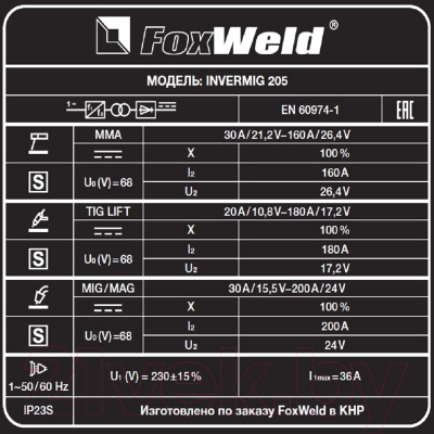 Полуавтомат сварочный FoxWeld Inverming 205 / 6378