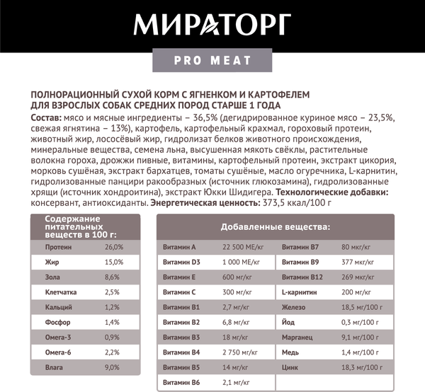 Сухой корм для собак Мираторг Pro Meat для взр. средн. пород с ягненком и картоф. / 1010025878 (2.6кг)