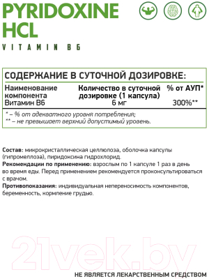 Витамин NaturalSupp Пиридоксин гидрохлорид B6 веган (60капсул)