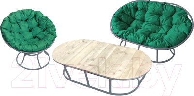 Комплект садовой мебели M-Group Мамасан, Папасан и стол / 12130304 (серый/зеленая подушка)