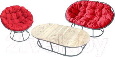 Комплект садовой мебели M-Group Мамасан, Папасан и стол / 12130306 (серый/красная подушка)