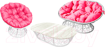 Комплект садовой мебели M-Group Мамасан, Папасан и стол / 12140108 (белый ротанг/розовая подушка)