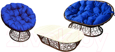 Комплект садовой мебели M-Group Мамасан, Папасан и стол / 12140210 (коричневый ротанг/синяя подушка)