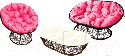 Комплект садовой мебели M-Group Мамасан, Папасан и стол / 12140208 (коричневый ротанг/розовая подушка)