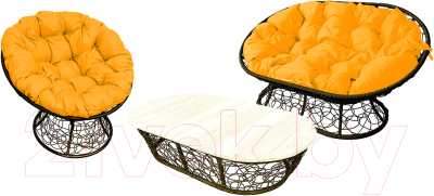 Комплект садовой мебели M-Group Мамасан, Папасан и стол / 12140211 (коричневый ротанг/желтая подушка)