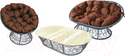 Комплект садовой мебели M-Group Мамасан, Папасан и стол / 12140305 (серый ротанг/коричневая подушка)