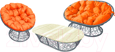 Комплект садовой мебели M-Group Мамасан, Папасан и стол / 12140307 (серый ротанг/оранжевая подушка)