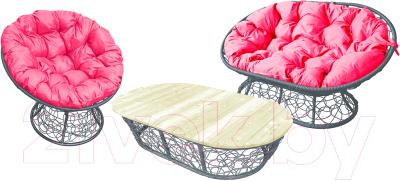 Комплект садовой мебели M-Group Мамасан, Папасан и стол / 12140308 (серый ротанг/розовая подушка)