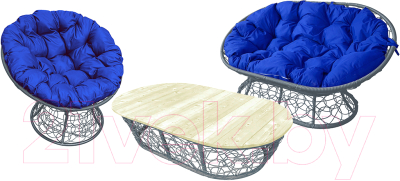 Комплект садовой мебели M-Group Мамасан, Папасан и стол / 12140310 (серый ротанг/синяя подушка)