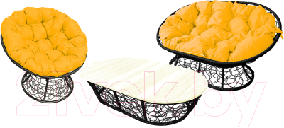 Комплект садовой мебели M-Group Мамасан, Папасан и стол / 12140411 (черный ротанг/желтая подушка)