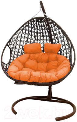 Кресло подвесное M-Group Для двоих Люкс / 11510207 (коричневый ротанг/оранжевая подушка)
