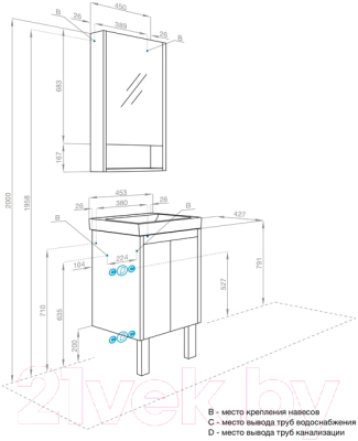 Тумба под умывальник Акватон Сканди Doors 45 / 1A278701SD010 (белый)