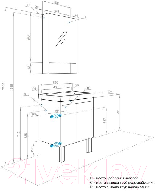 Тумба с умывальником Акватон Сканди Doors 55 1A2788K0SD010