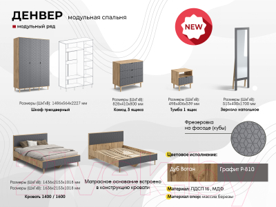 Шкаф Мебельград Денвер 3 двери (дуб вотан/графит)