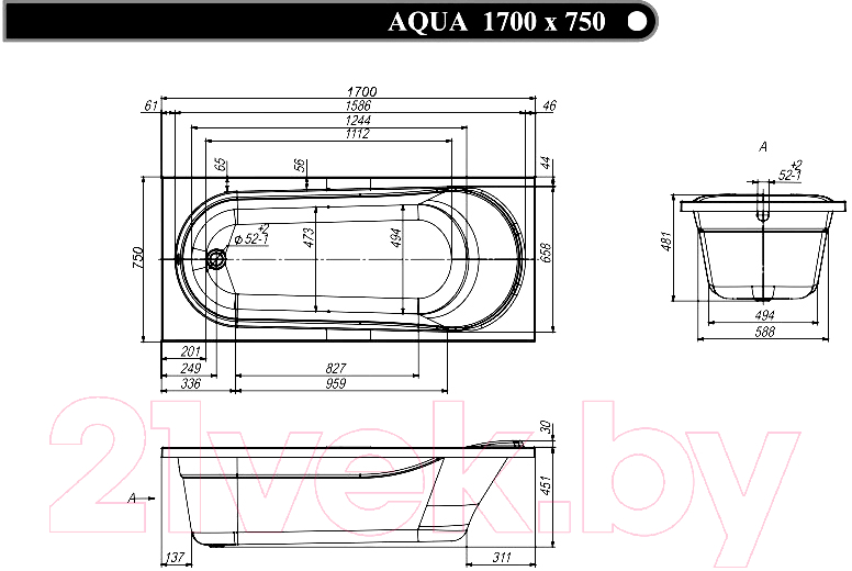 Ванна акриловая Ventospa Aqua 170x75