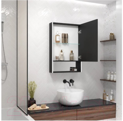 Шкаф с зеркалом для ванной Континент Filit Led 50x80 (правый, черный)