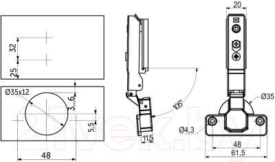 Петля мебельная AKS 3D гидравлическая Сlip-on 48мм с узкой планкой Н-0 (накладная)