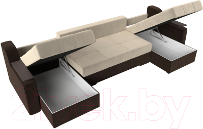 Диван П-образный Лига Диванов Сенатор / 112398 (микровельвет бежевый/коричневый)