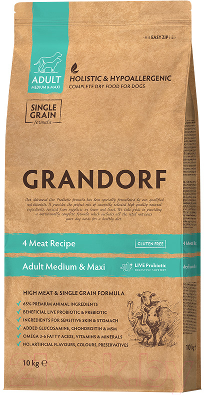 Сухой корм для собак Grandorf Dog 4 Meat Probiotic Medium&Maxi Breeds (10кг)