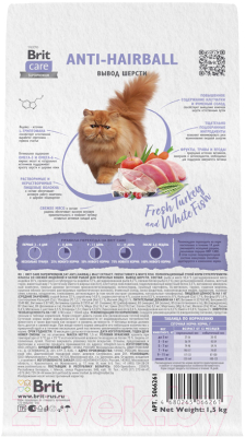 Сухой корм для кошек Brit Care Cat Anti-Hairball с белой рыбой и индейкой / 5066261 (1.5кг)
