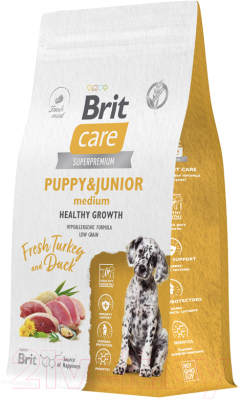 Сухой корм для собак Brit Care Dog Puppy&Junior M Healthy Growth с инд. и уткой / 5066285 (1.5кг)