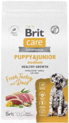 Сухой корм для собак Brit Care Dog Puppy&Junior M Healthy Growth с инд. и уткой / 5066285 (1.5кг)
