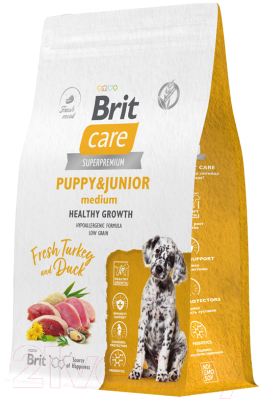Сухой корм для собак Brit Care Dog Puppy&Junior M Healthy Growth с инд. и уткой / 5066292 (3кг)