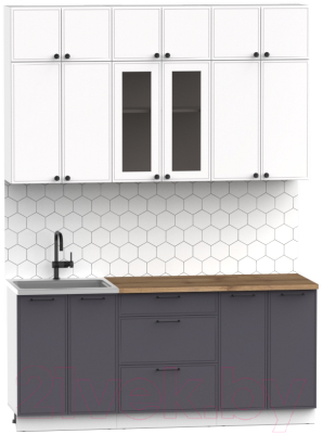 Кухонный гарнитур Интермебель Лион-4 1.8м (белый софт/графит софт/дуб фигурный светлый)