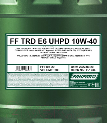 Моторное масло Fanfaro TRD E6 UHPD 10W40 CK-4/CJ-4 / FF6107-20 (20л)