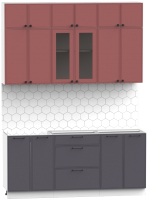 Готовая кухня Интермебель Лион-4 1.8м без столешницы (красная глазурь софт/графит софт) - 