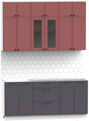 Кухонный гарнитур Интермебель Лион-4 1.8м без столешницы (красная глазурь софт/графит софт)