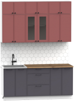 Кухонный гарнитур Интермебель Лион-4 1.8м (красная глазурь софт/графит софт/дуб фигурный светлый) - 