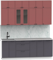 Кухонный гарнитур Интермебель Лион-7 2.2м (красная глазурь софт/графит софт/мрамор лацио белый) - 