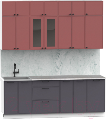 Кухонный гарнитур Интермебель Лион-7 2.2м (красная глазурь софт/графит софт/лунный камень)