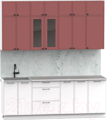 Готовая кухня Интермебель Лион-7 2.2м (красная глазурь софт/белый софт/мрамор лацио белый)