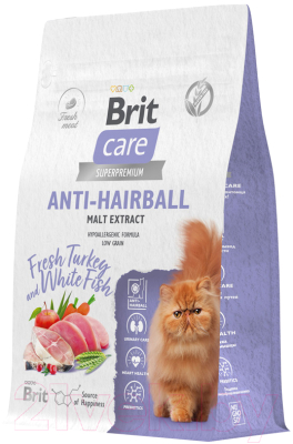 Сухой корм для кошек Brit Care Cat Anti-Hairball с белой рыбой и индейкой / 5066254 (400г)