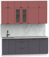 Кухонный гарнитур Интермебель Лион-6 2.1м (красная глазурь софт/графит софт/мрамор лацио белый) - 