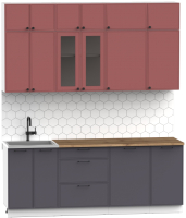 Кухонный гарнитур Интермебель Лион-6 2.1м (красная глазурь софт/графит софт/дуб крафт золотой) - 